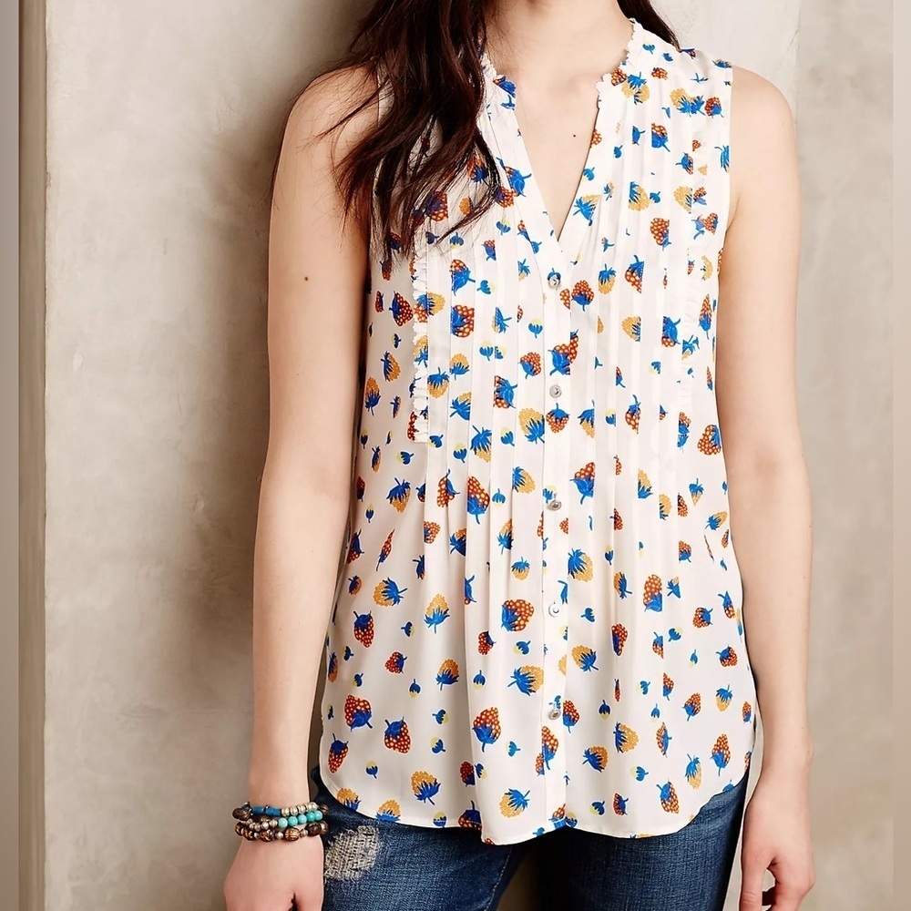 Anthro Maeve Berry Print Fragola Pintuck Tank Blouse size 4